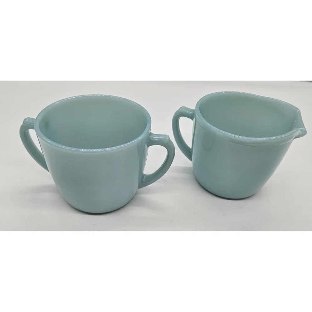 Fire-King Turquoise Blue Milk Glass Creamer and Sugar Bowl Set Vintage USA MCM